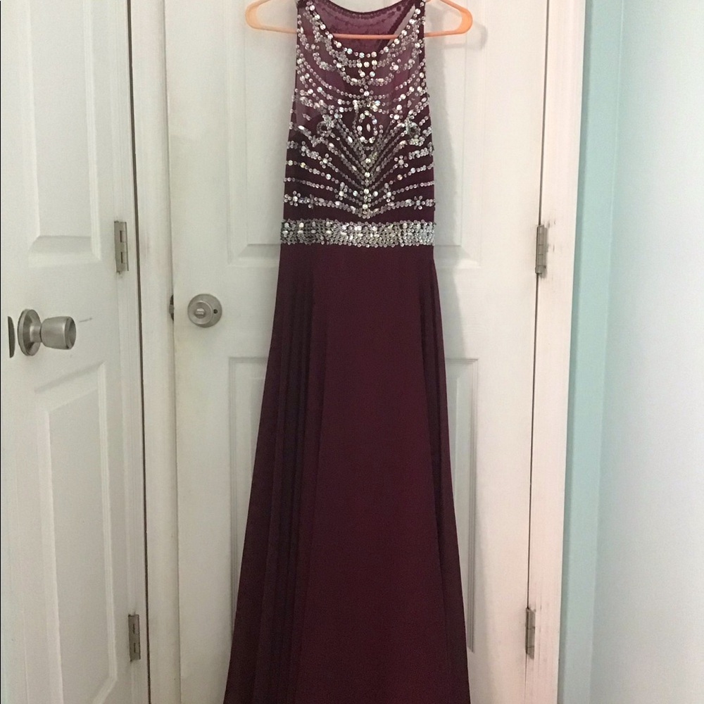 Burgundy A-line prom dress